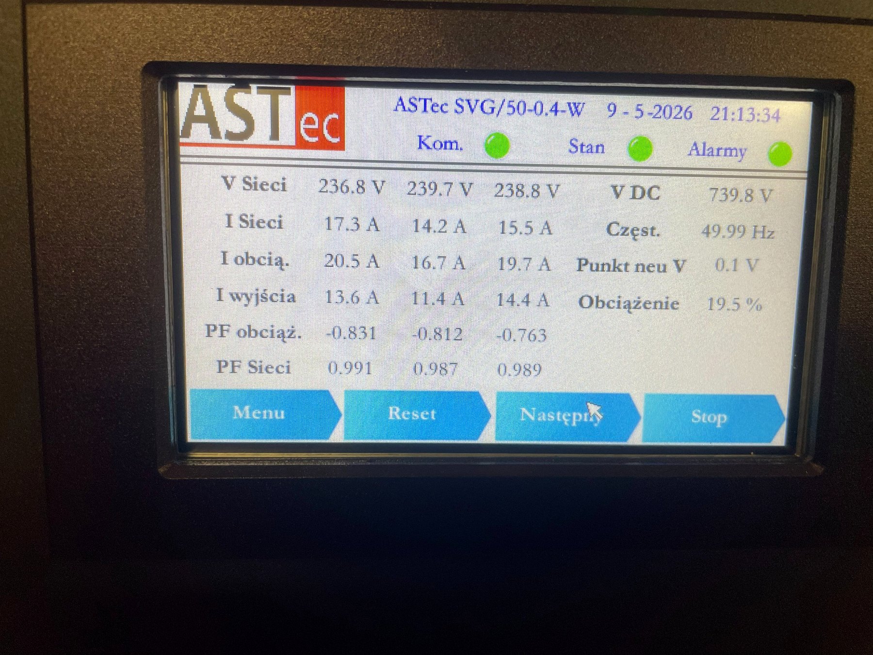 Ekran analizatora parametrów sieci podczas pomiaru